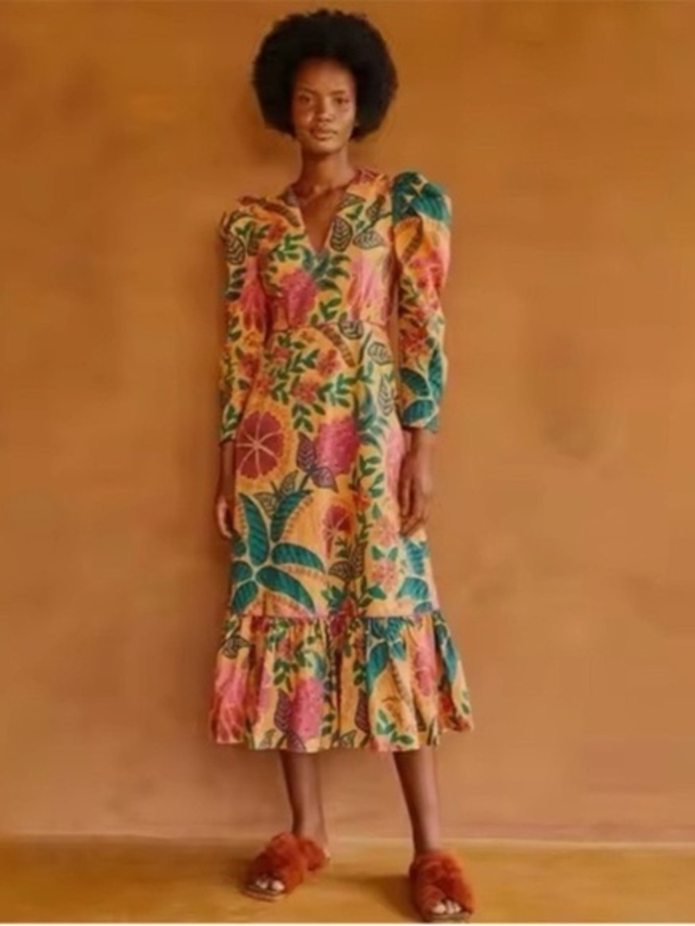FARM Rio Flowerdoscopic Tropical Puff-Sleeve Midi Dress